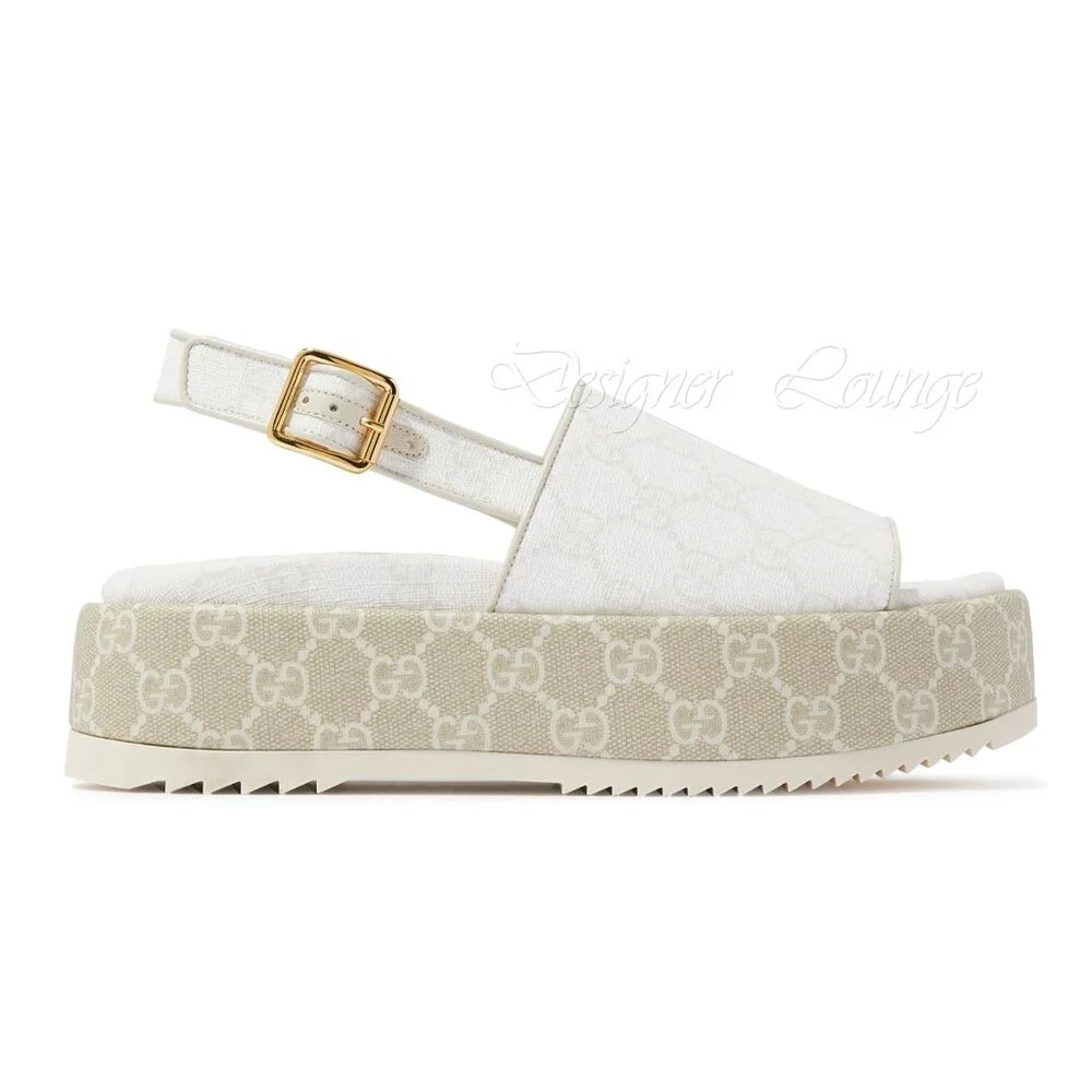 NEW GUCCI Angelina GG White Supreme Canvas Slingback Platform Sandals EU 40.5